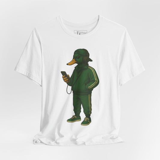 White Tracksuit Duck T-shirt front view with anthropomorphic mallard duck graphic