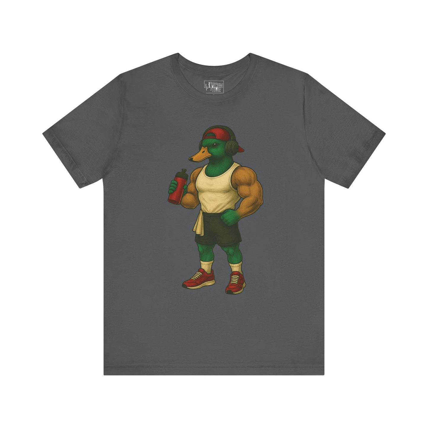 Asphalt Muscle Duck T-shirt front view with anthropomorphic mallard duck graphic
