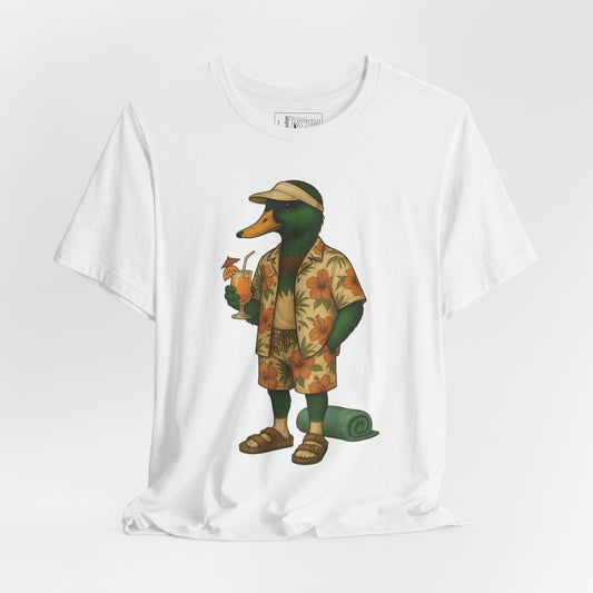 White Poolside Duck T-shirt front view with anthropomorphic mallard duck graphic