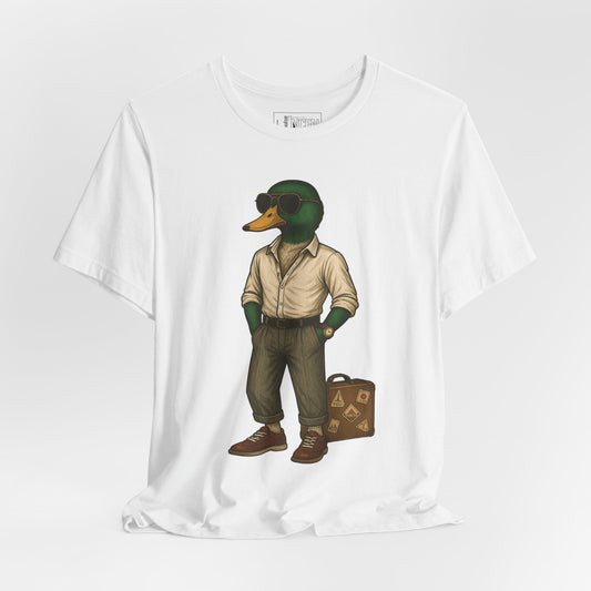 White Jetsetter Duck T-shirt front view with anthropomorphic mallard duck graphic