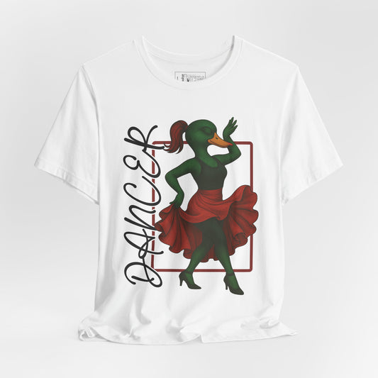 White Dancer She Duck T-shirt front view with anthropomorphic mallard duck graphic