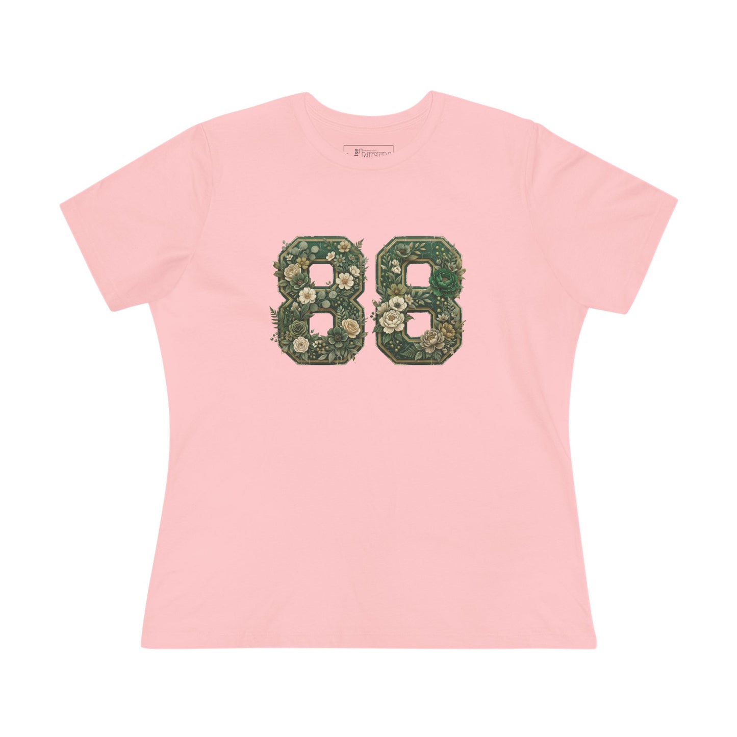Floral '88' Women's Pink Cotton Tee – Vintage Botanical Number Shirt