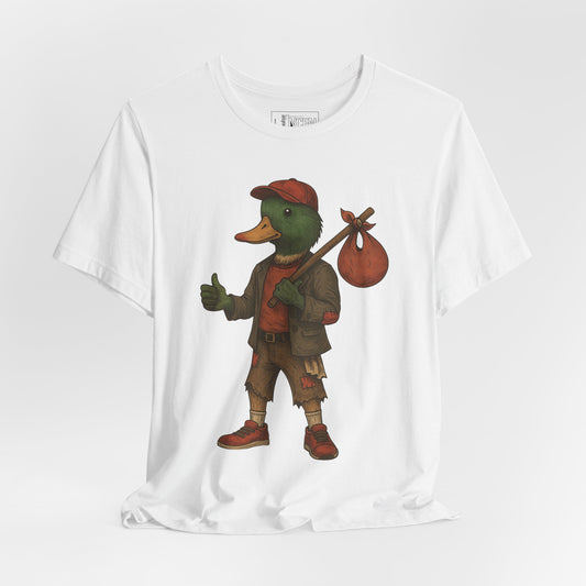 White No Luck Duck T-shirt front view with anthropomorphic mallard duck graphic