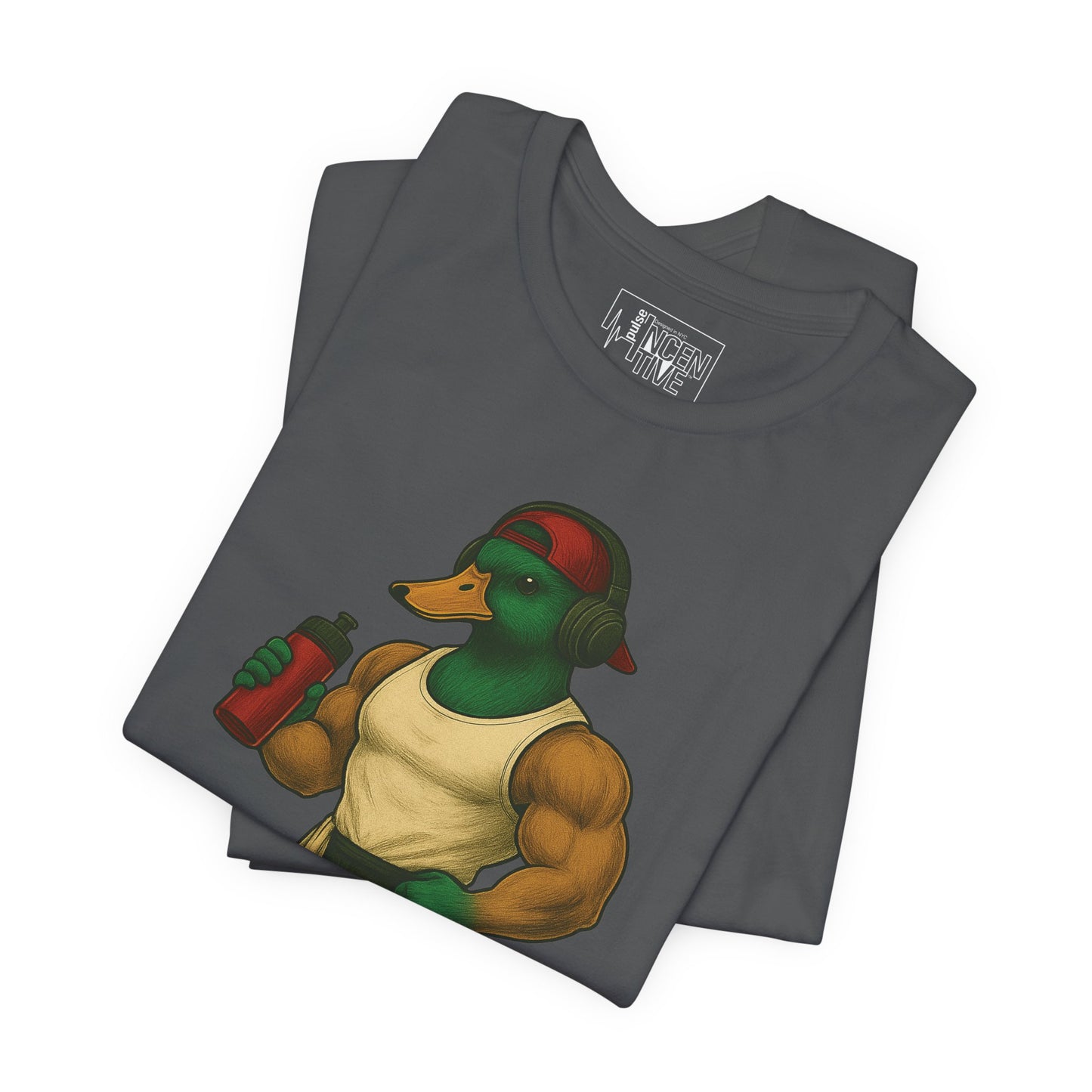 Asphalt Muscle Duck T-shirt folded view with anthropomorphic mallard duck graphic