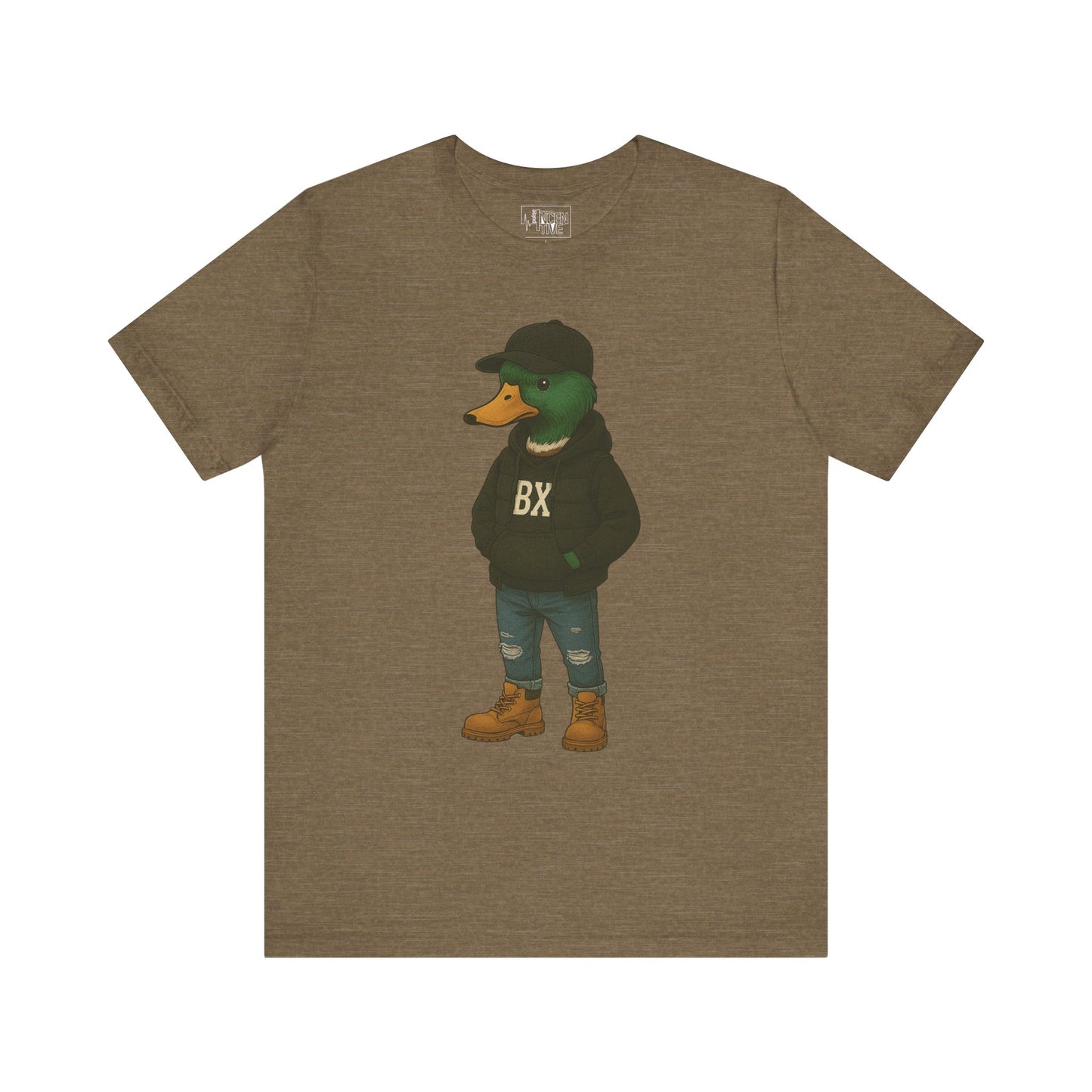Olive Bronx Duck T-shirt front view with anthropomorphic mallard duck graphic