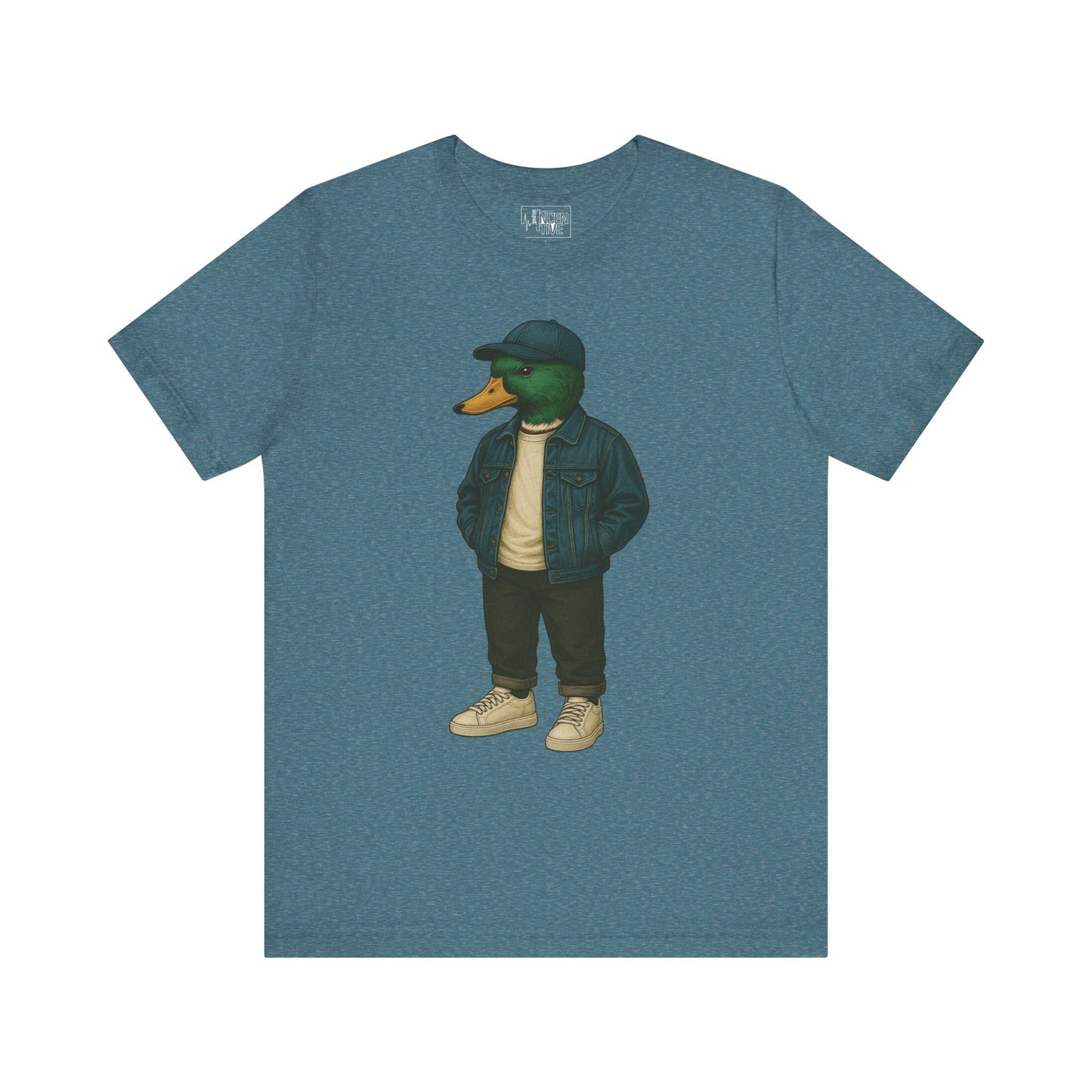 Deep Teal Denim Duck T-shirt front view with anthropomorphic mallard duck graphic