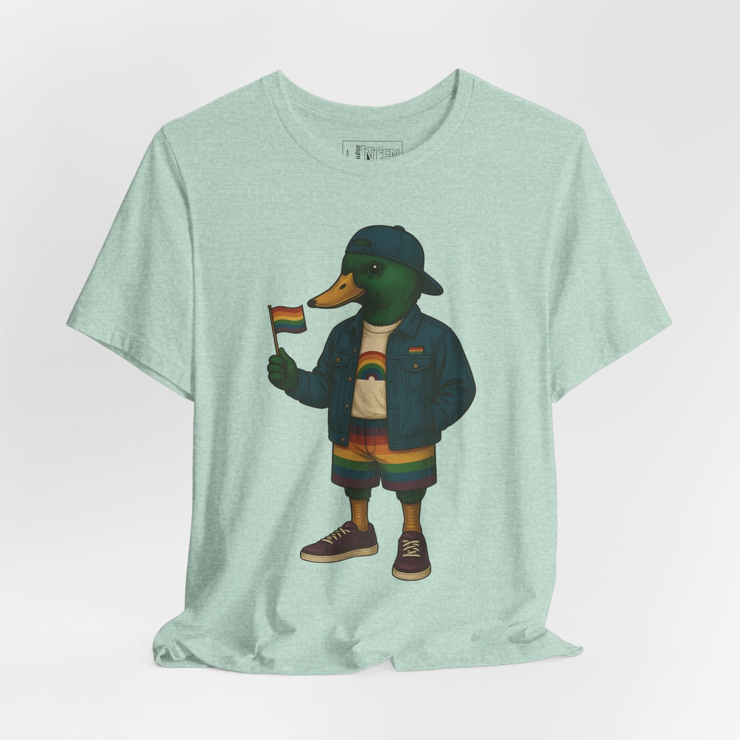 Mint Pride Duck LGBTQ+ T-shirt front view with rainbow outfit and Pride flag graphic