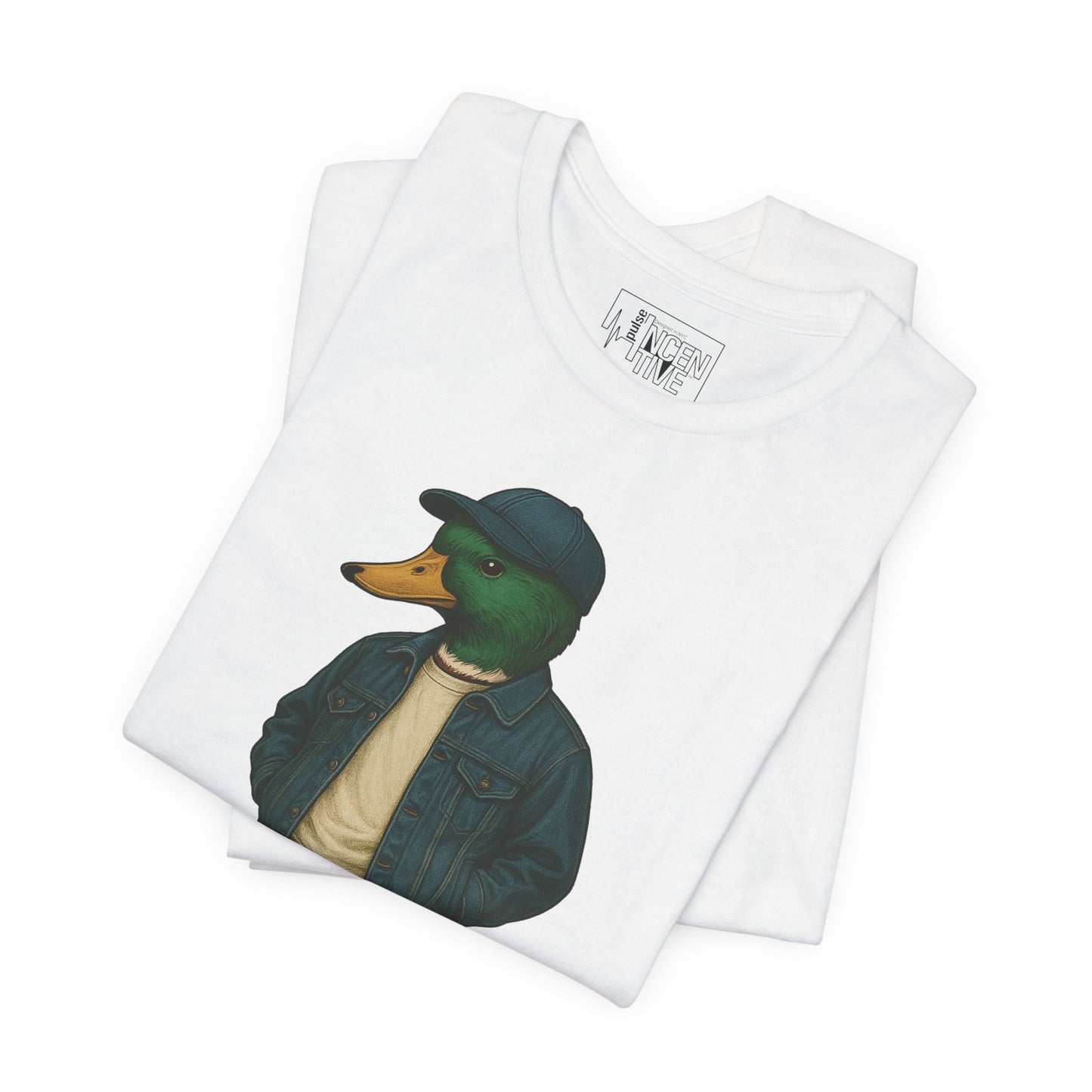 White Denim Duck T-shirt folded view with anthropomorphic mallard duck graphic