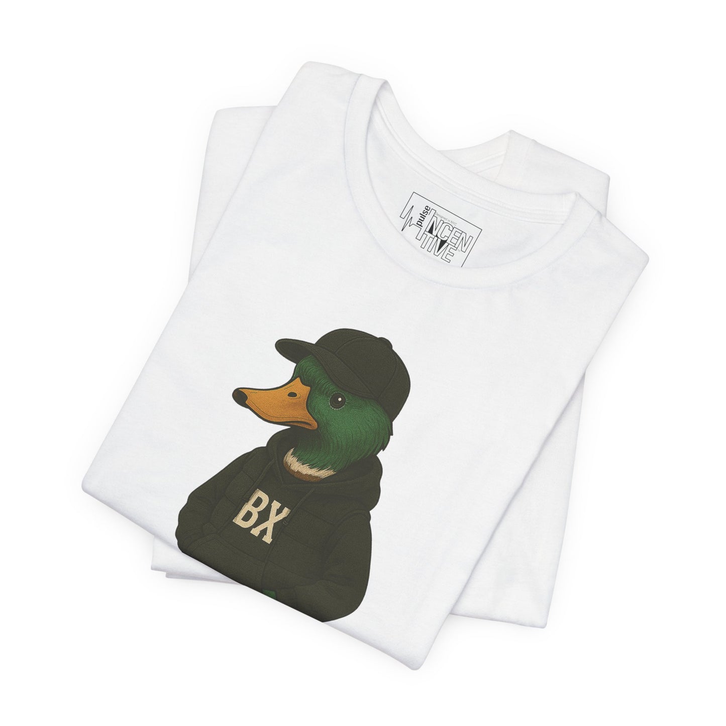 White Bronx Duck T-shirt folded view with anthropomorphic mallard duck graphic