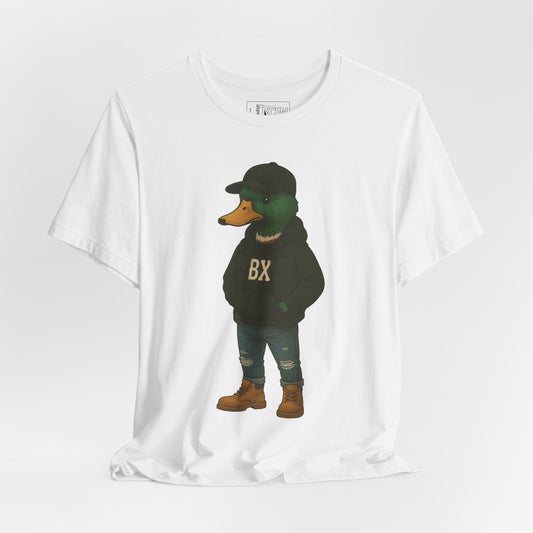 White Bronx Duck T-shirt front view with anthropomorphic mallard duck graphic