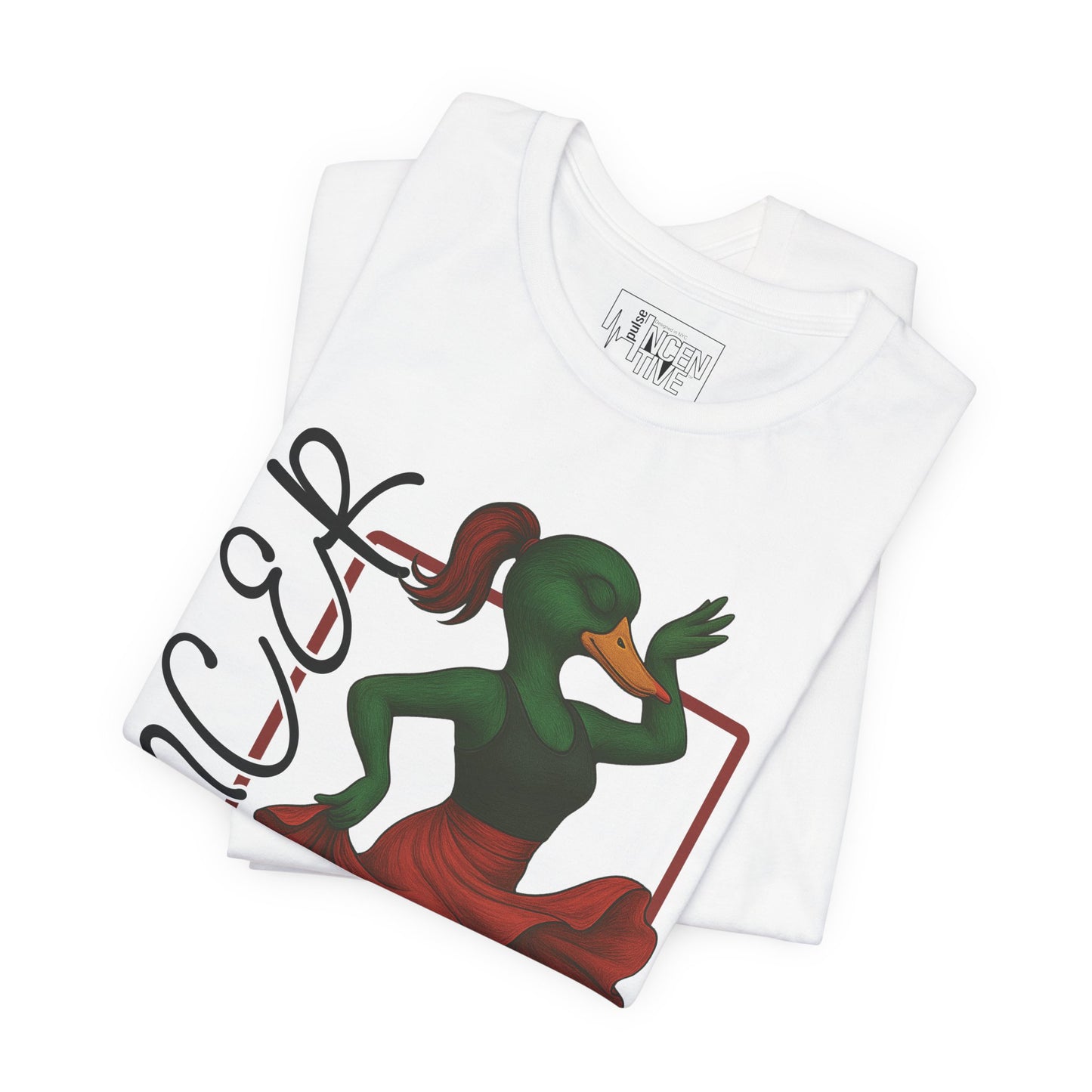 White Dancer She Duck T-shirt folded view with anthropomorphic mallard duck graphic