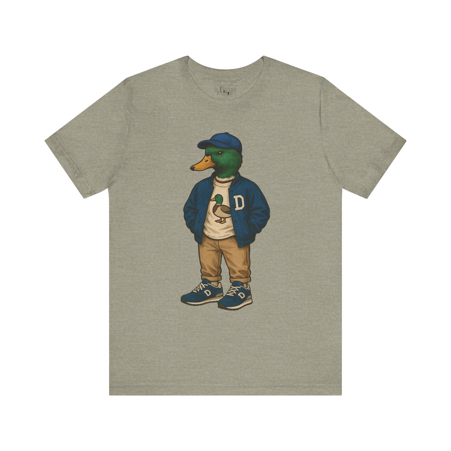 Stone Varsity Duck T-shirt front view with anthropomorphic mallard duck graphic
