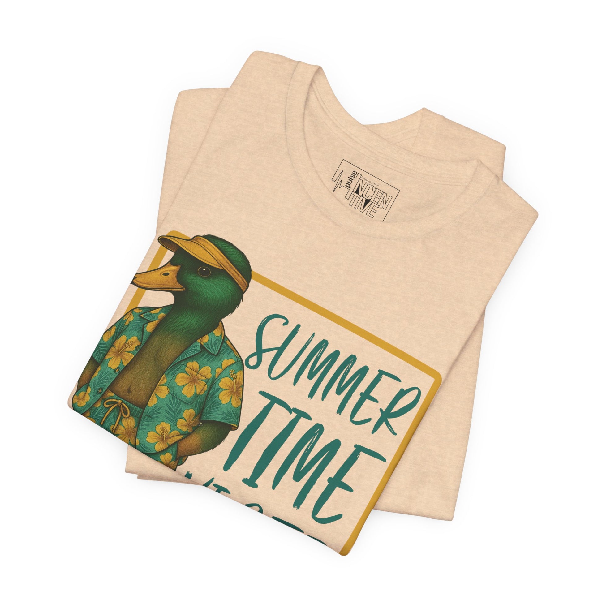 Sand Dune Sumer Duck T-shirt folded view with anthropomorphic mallard duck graphic