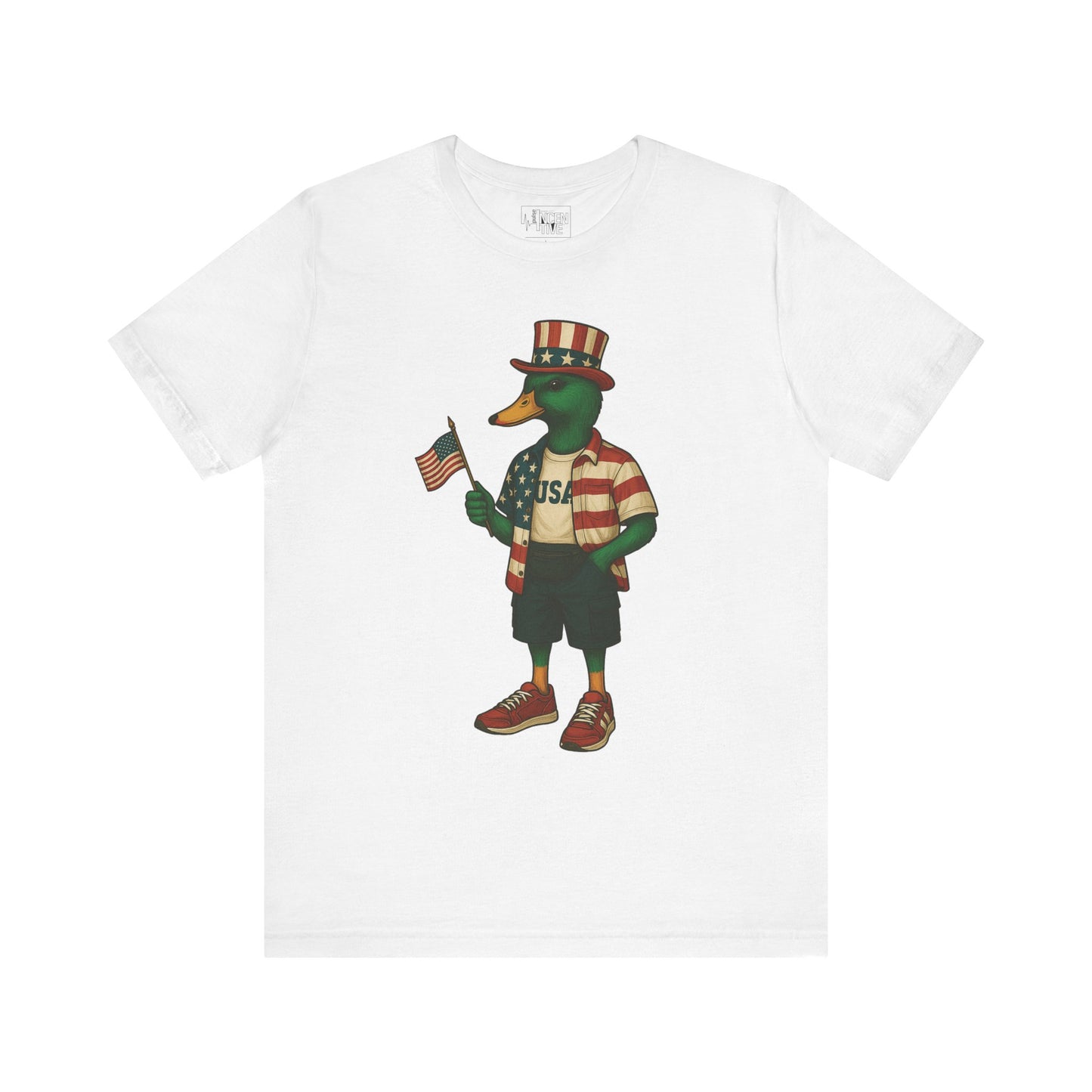 White USA Duck T-shirt front view with anthropomorphic mallard duck graphic