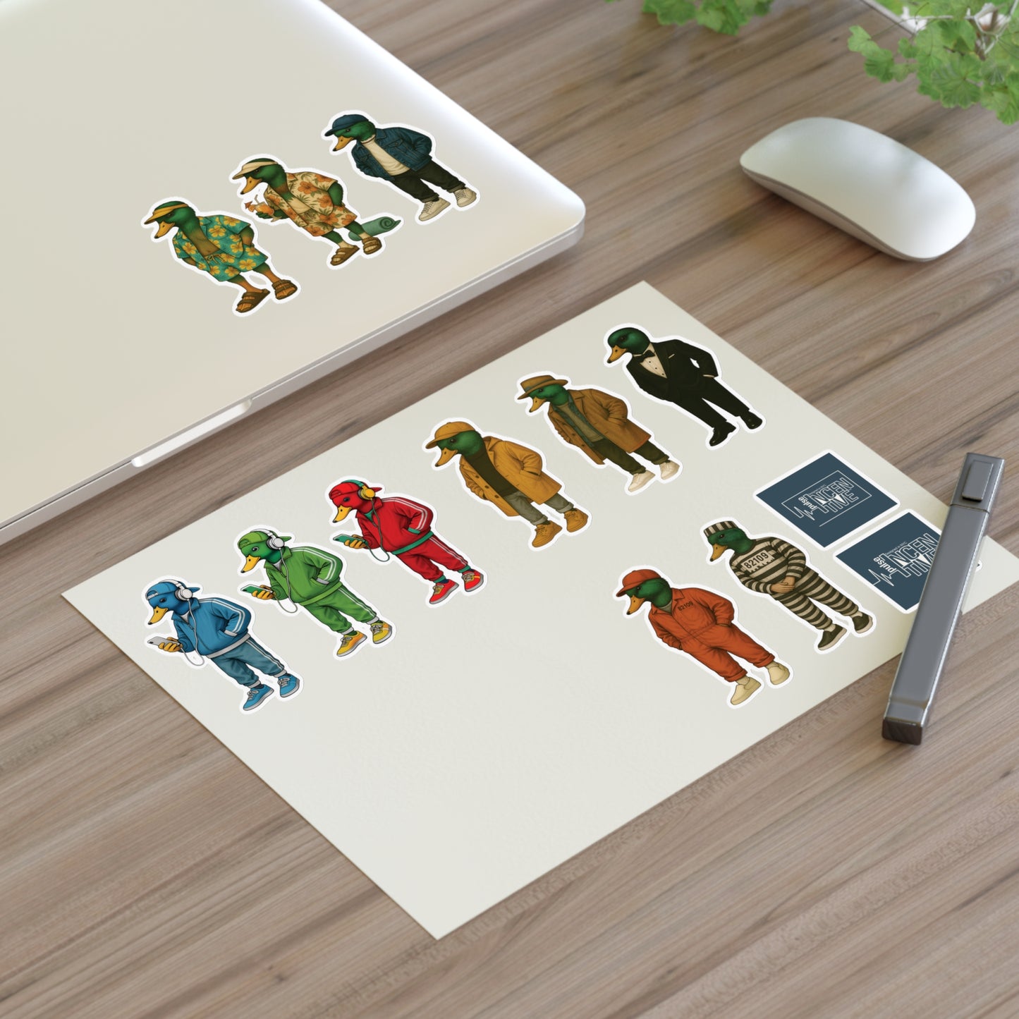 Whimsical Mallard Duck Sticker Pack with 11 unique duck designs on a desk next to a laptop and mouse