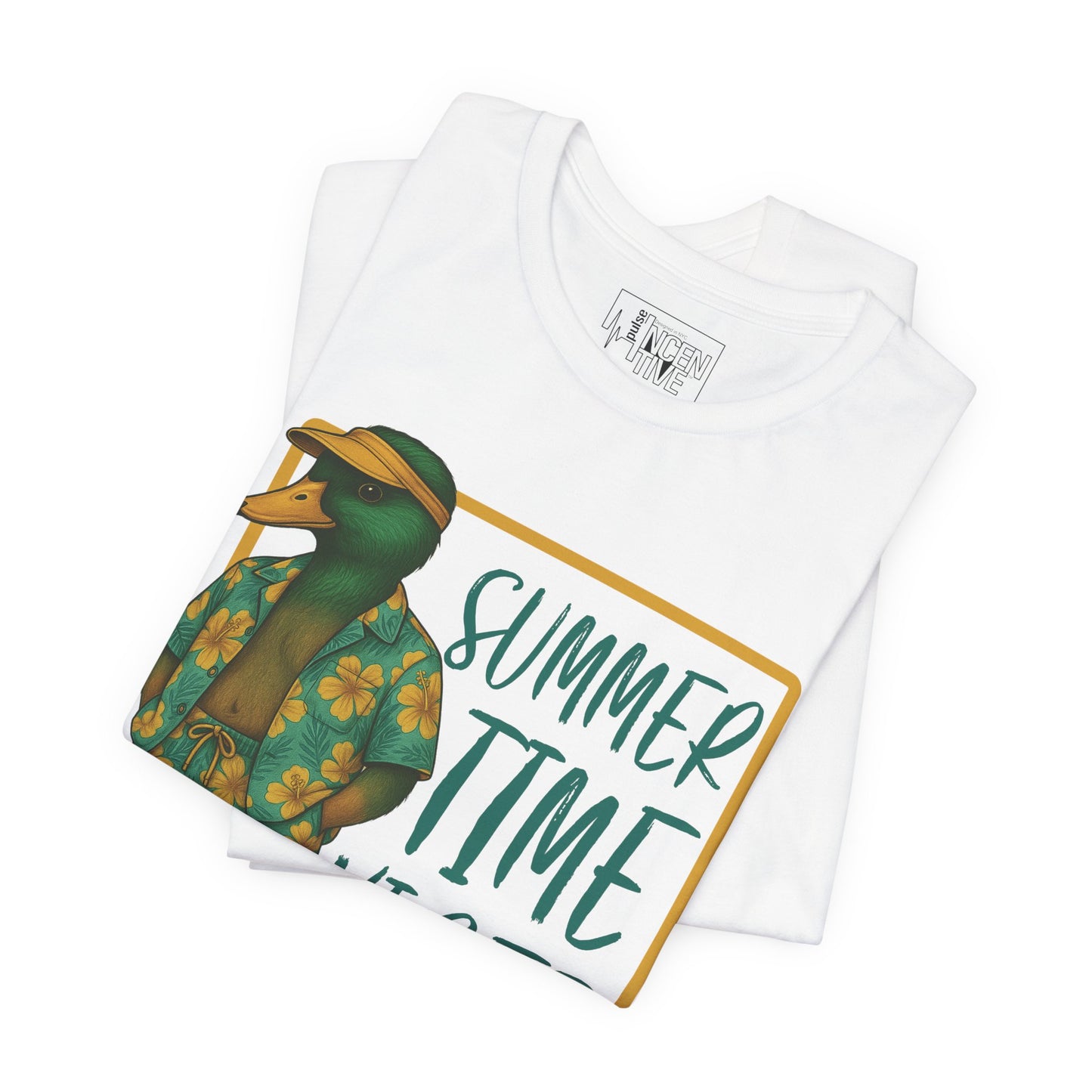 White Sumer Duck T-shirt folded view with anthropomorphic mallard duck graphic