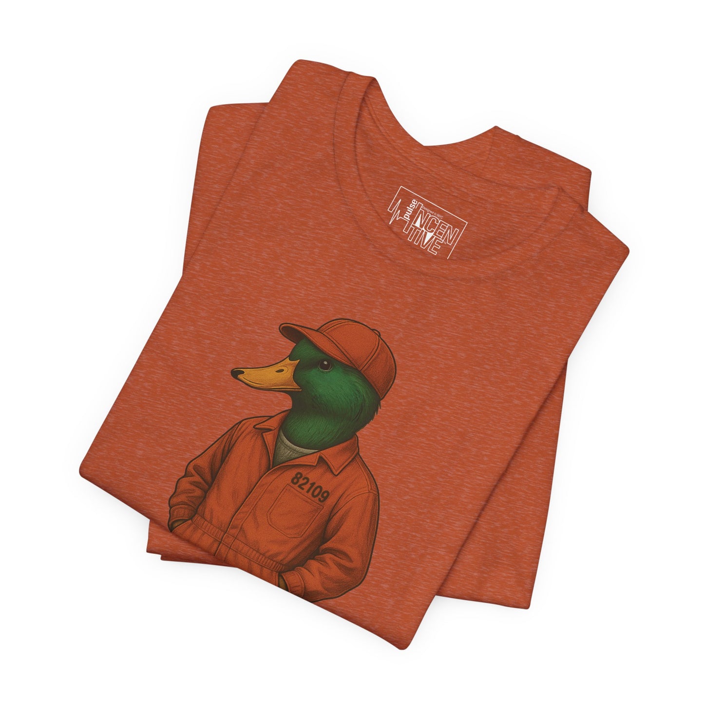 Autumn Inmate Duck T-shirt folded view with anthropomorphic mallard duck graphic