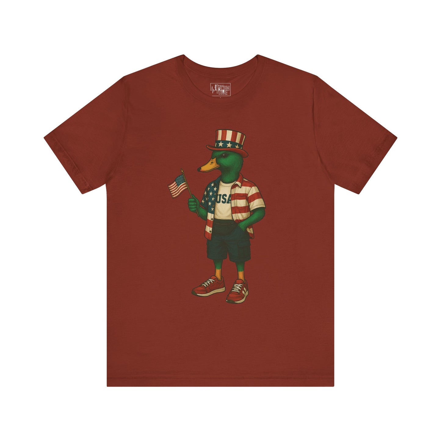 Rust Red USA Duck T-shirt front view with anthropomorphic mallard duck graphic
