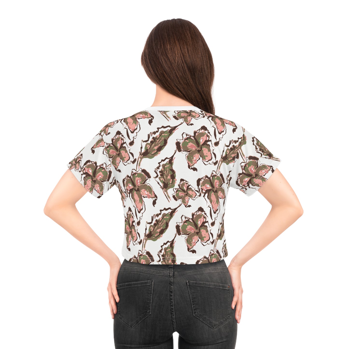 Floral Watercolor Crop Tee — Pink & Olive All-Over Print