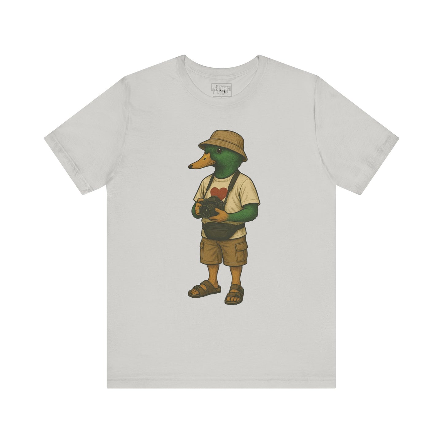 Silver Tourist Duck T-shirt front view with anthropomorphic mallard duck graphic