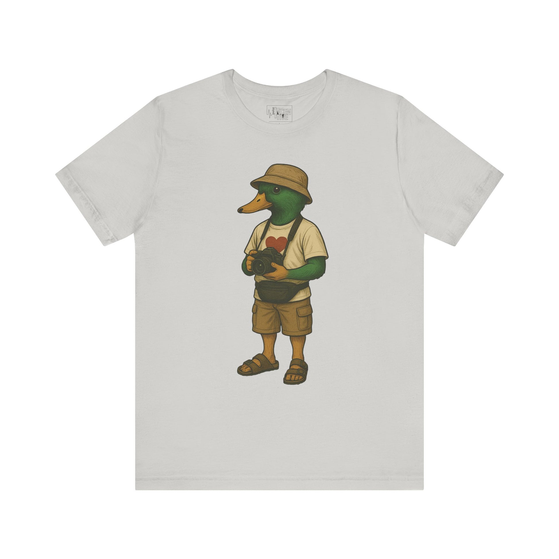Silver Tourist Duck T-shirt front view with anthropomorphic mallard duck graphic
