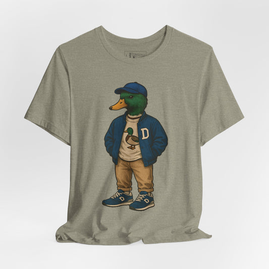 Stone Varsity Duck T-shirt front view with anthropomorphic mallard duck graphic