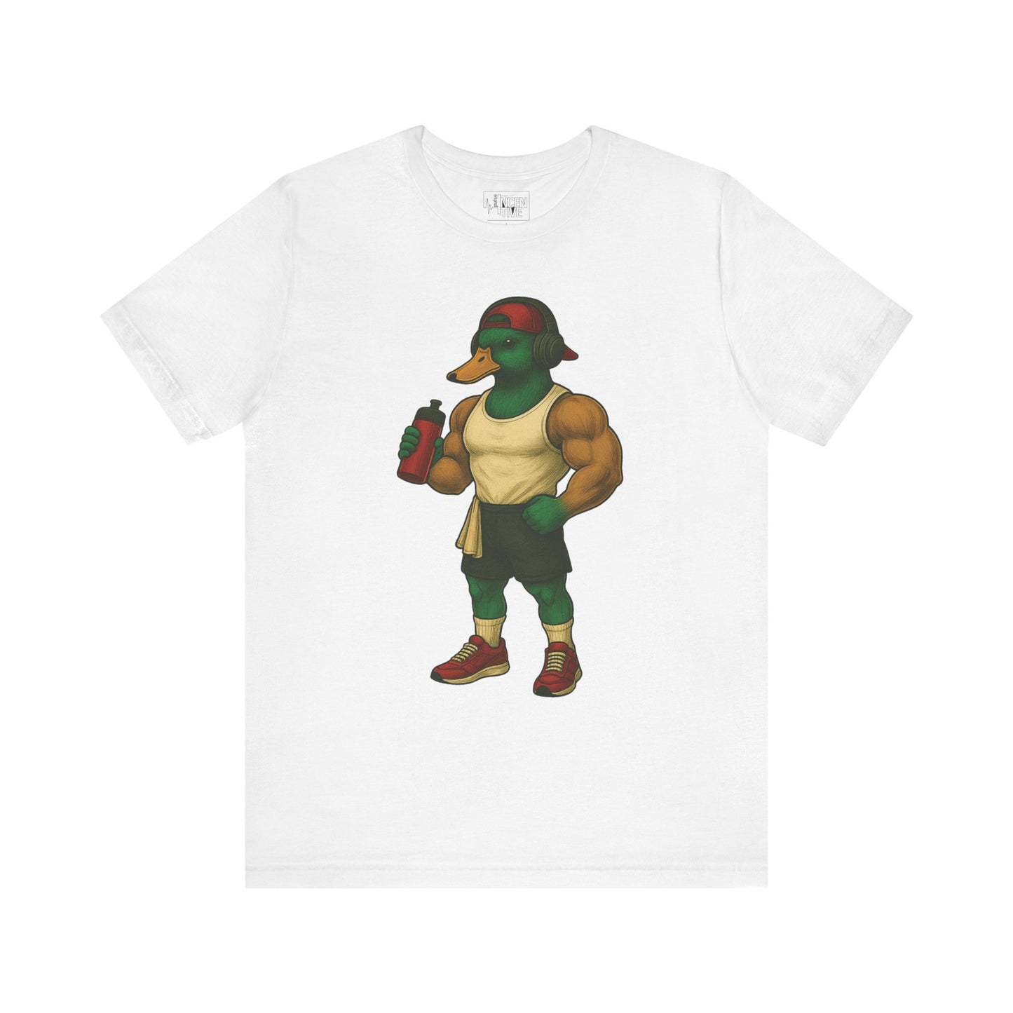 White Muscle Duck T-shirt front view with anthropomorphic mallard duck graphic