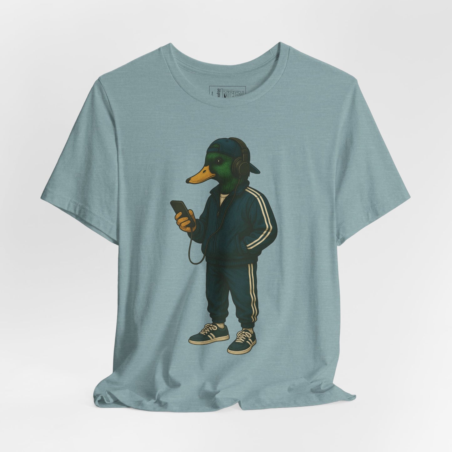 Blue Lagoon Tracksuit Duck T-shirt front view with anthropomorphic mallard duck graphic