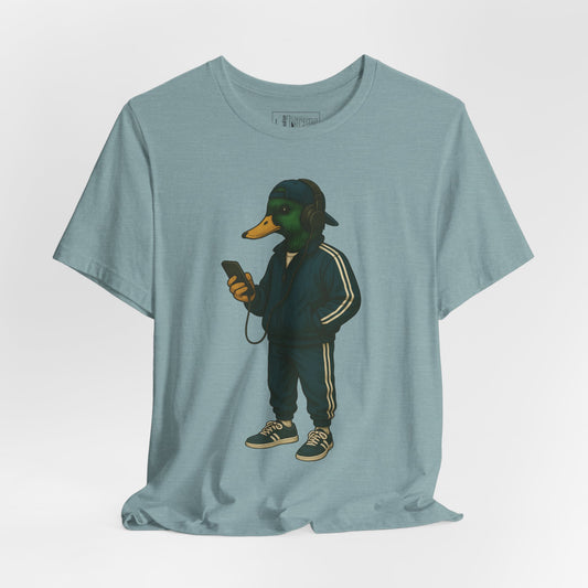 Blue Lagoon Tracksuit Duck T-shirt front view with anthropomorphic mallard duck graphic