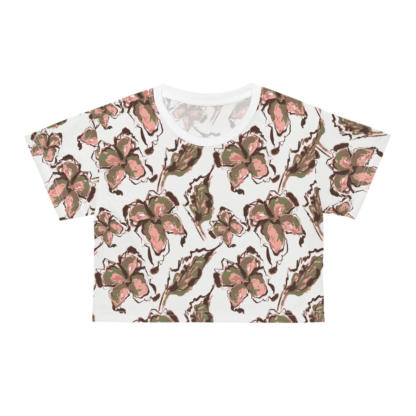 Floral Watercolor Crop Tee — Pink & Olive All-Over Print