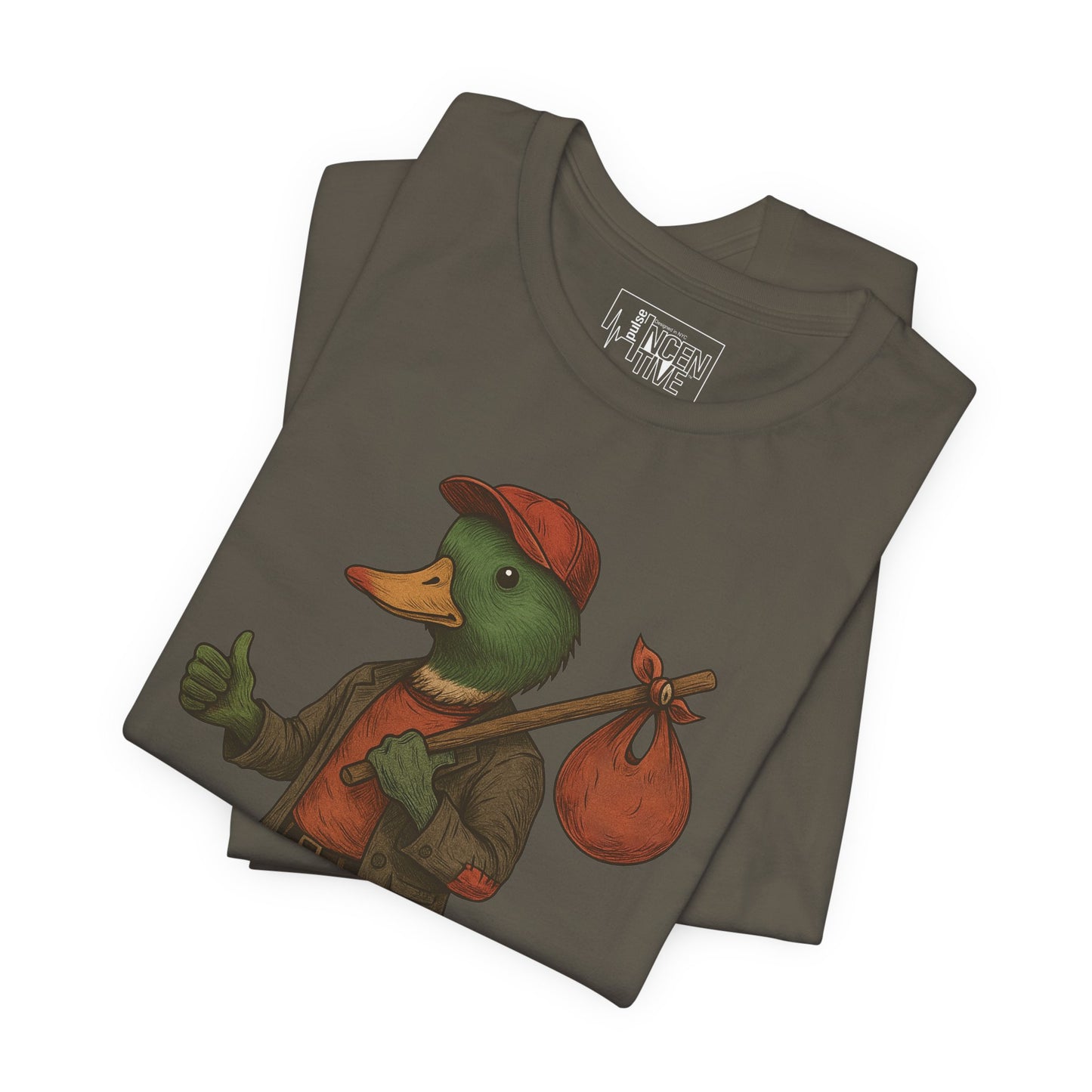 Army No Luck Duck T-shirt folded view with anthropomorphic mallard duck graphic