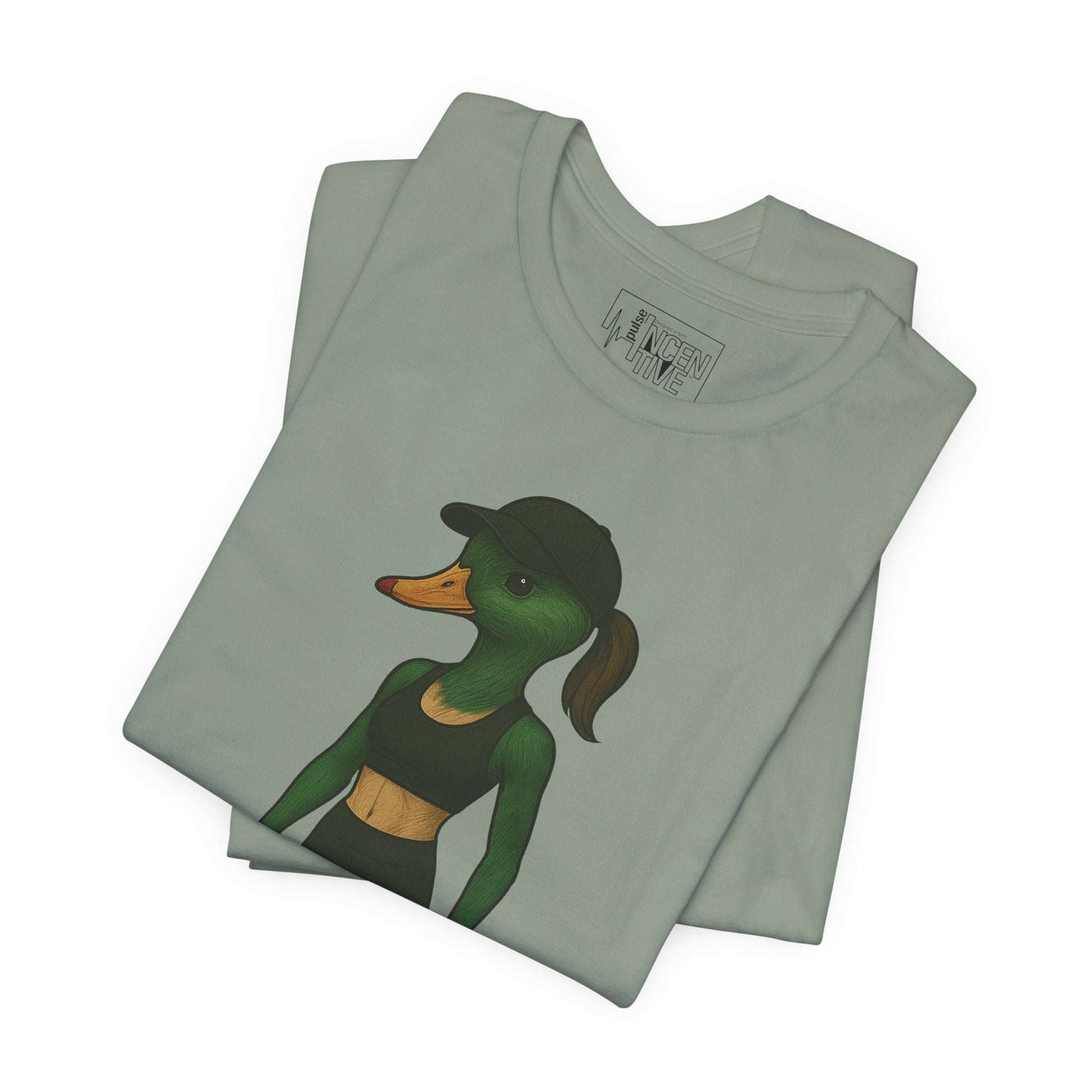 Sage Athletic She Duck T-shirt folded view with anthropomorphic mallard duck graphic