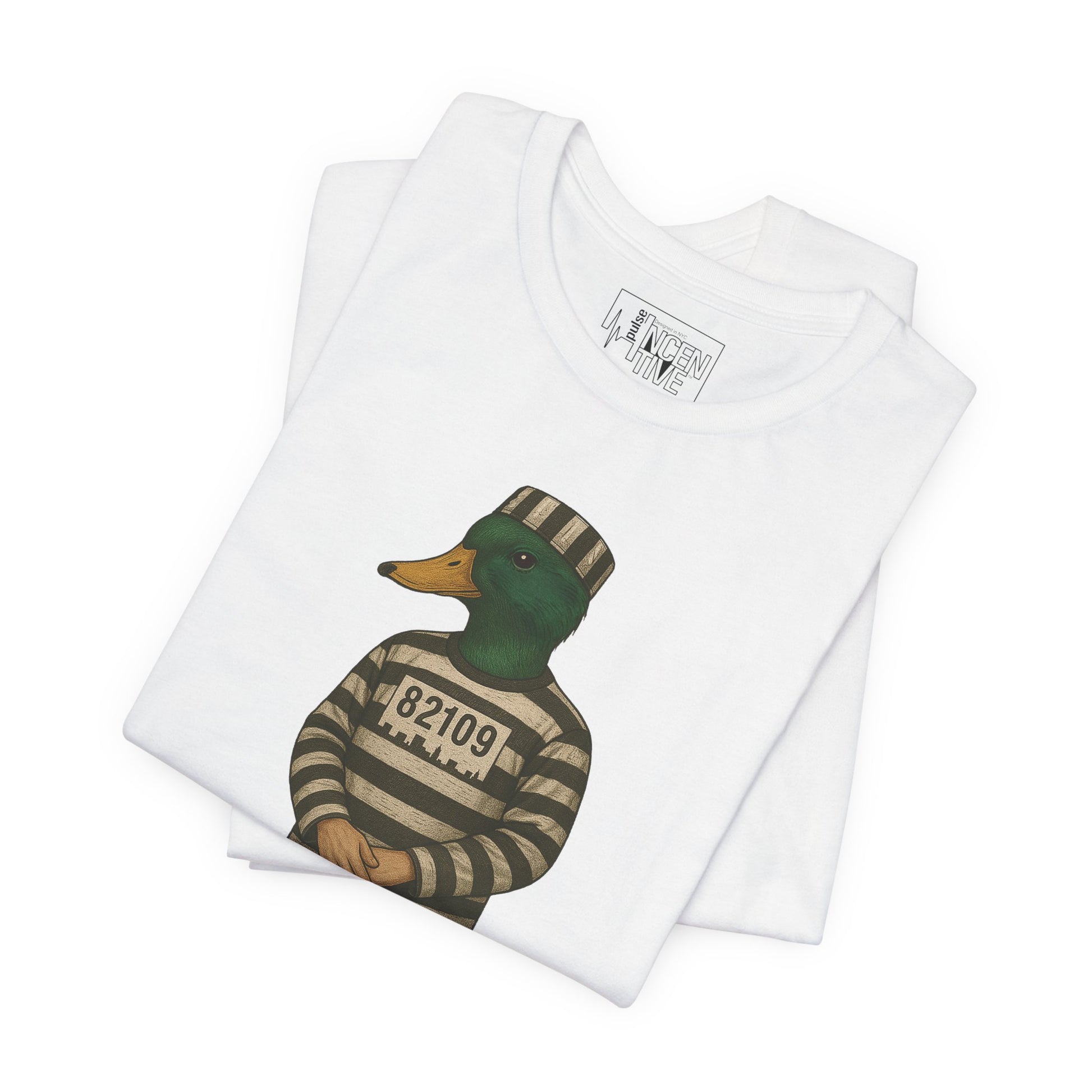 White Prison Duck T-shirt folded view with anthropomorphic mallard duck graphic