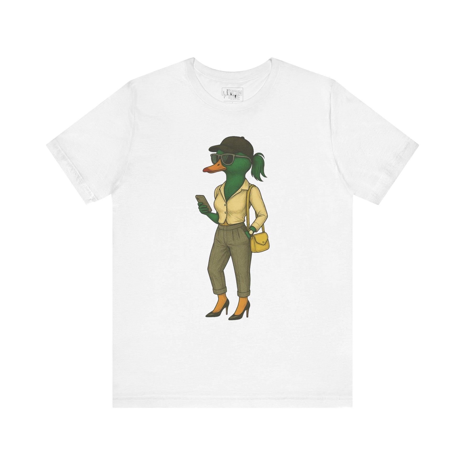 White Hipster She Duck T-shirt front view with anthropomorphic mallard duck graphic