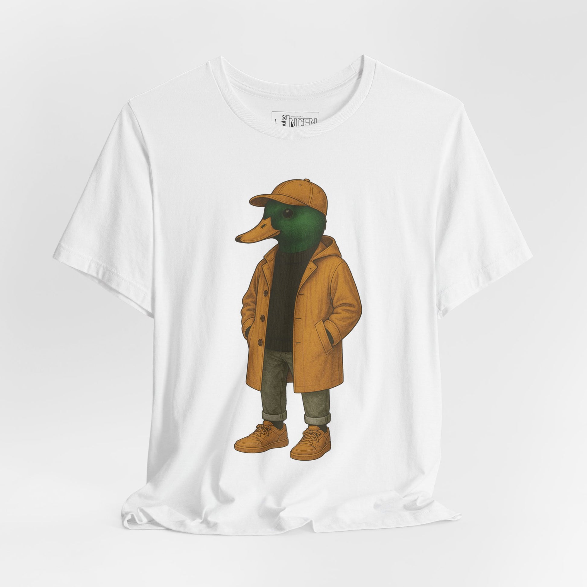 White Rain Duck T-shirt front view with anthropomorphic mallard duck graphic