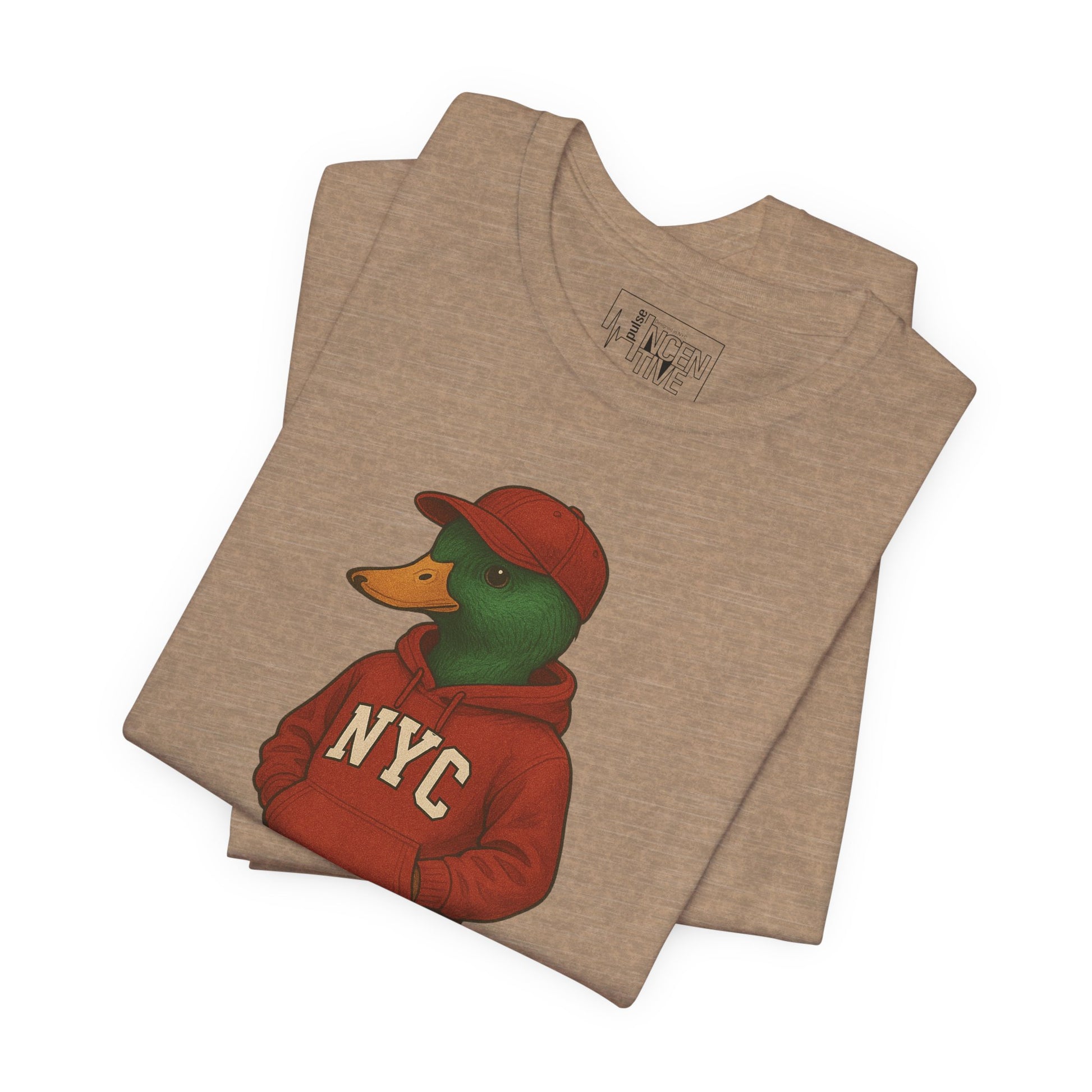 Tan NYC Duck T-shirt folded view with anthropomorphic mallard duck graphic