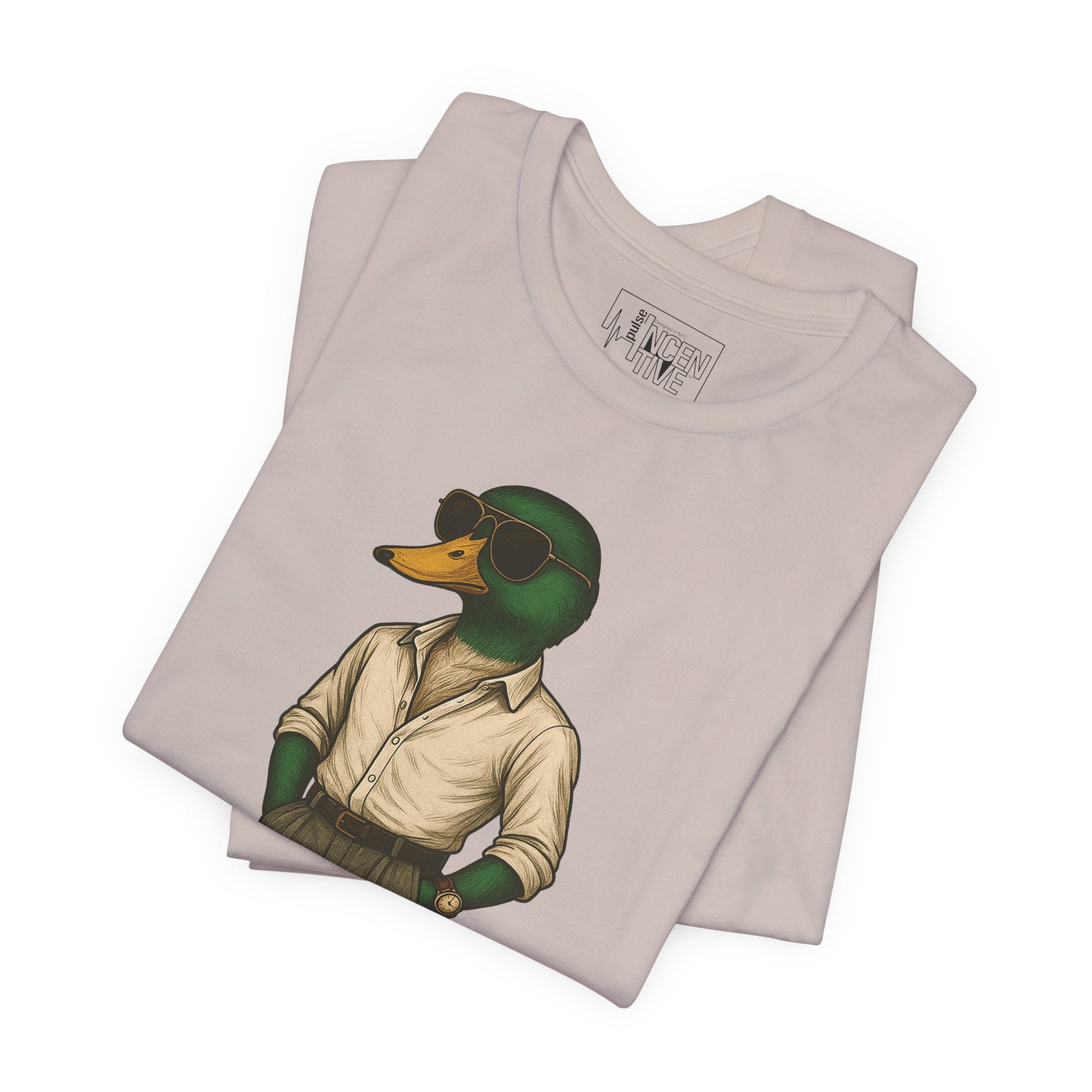 Cool Grey Jetsetter Duck T-shirt folded view with anthropomorphic mallard duck graphic