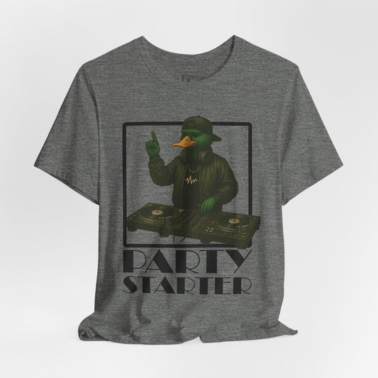 Deep Heather DJ Duck T-shirt front view with anthropomorphic mallard duck graphic