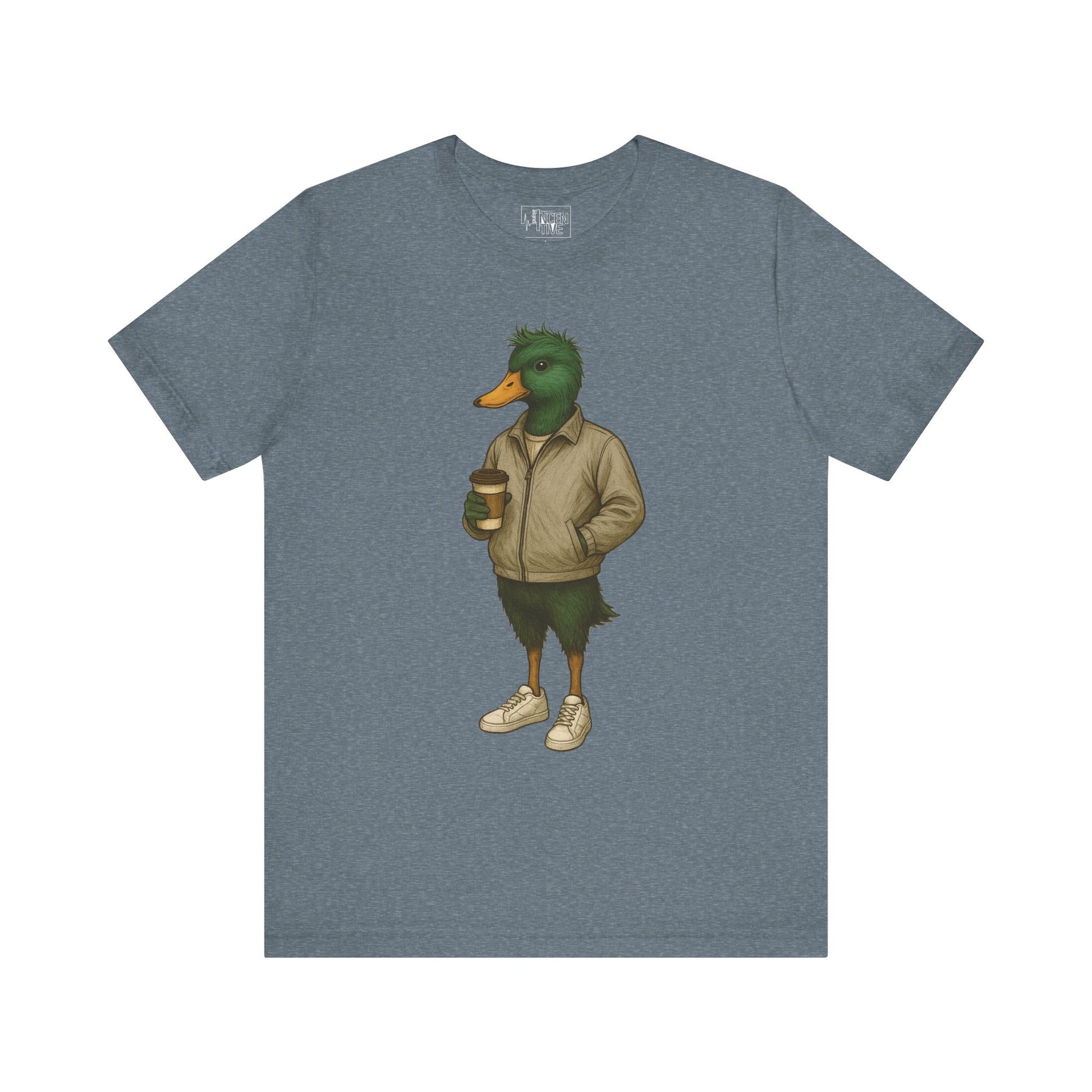 Slate Disheveled Duck T-shirt front view with anthropomorphic mallard duck graphic