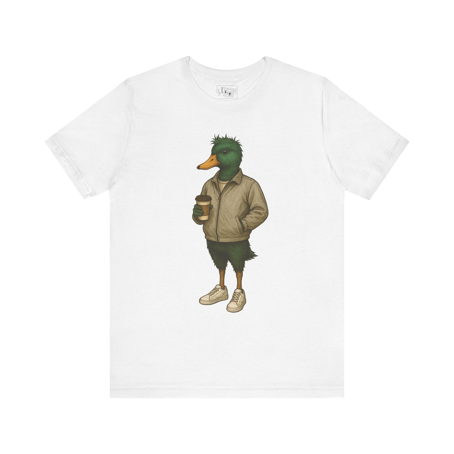 White Disheveled Duck T-shirt front view with anthropomorphic mallard duck graphic