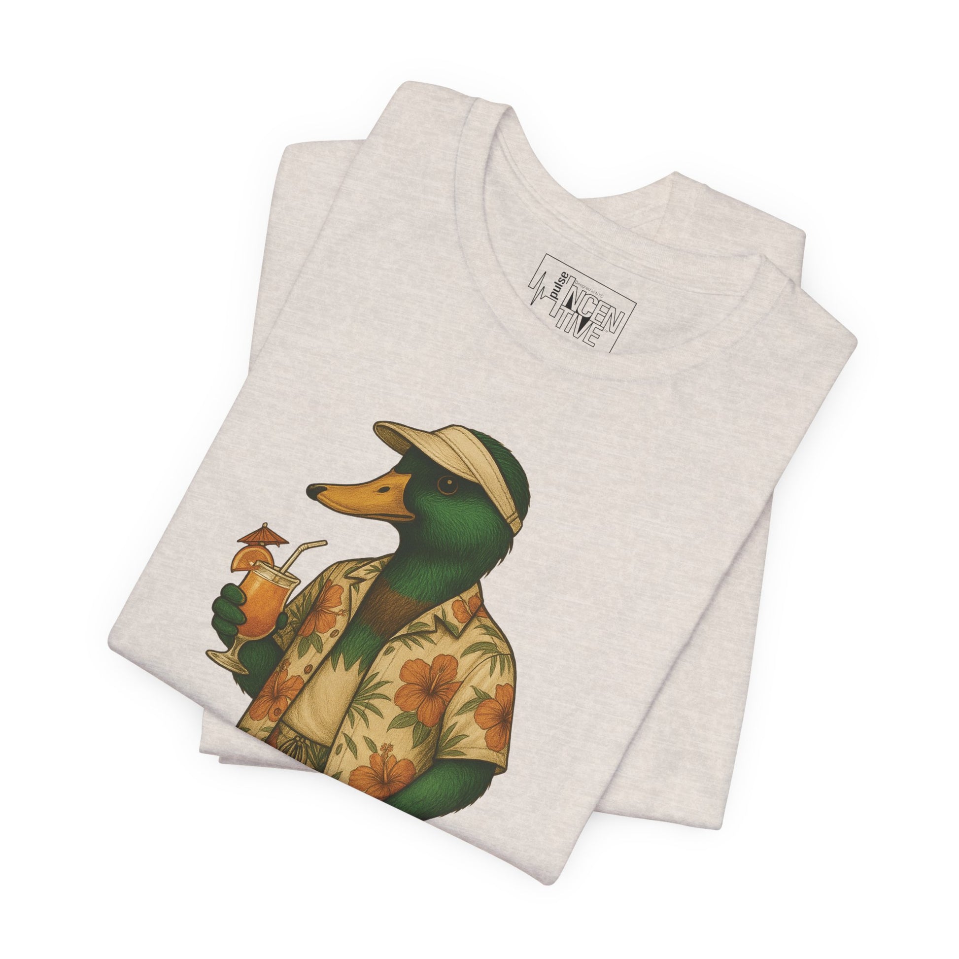 Heather Dust Poolside Duck T-shirt folded view with anthropomorphic mallard duck graphic