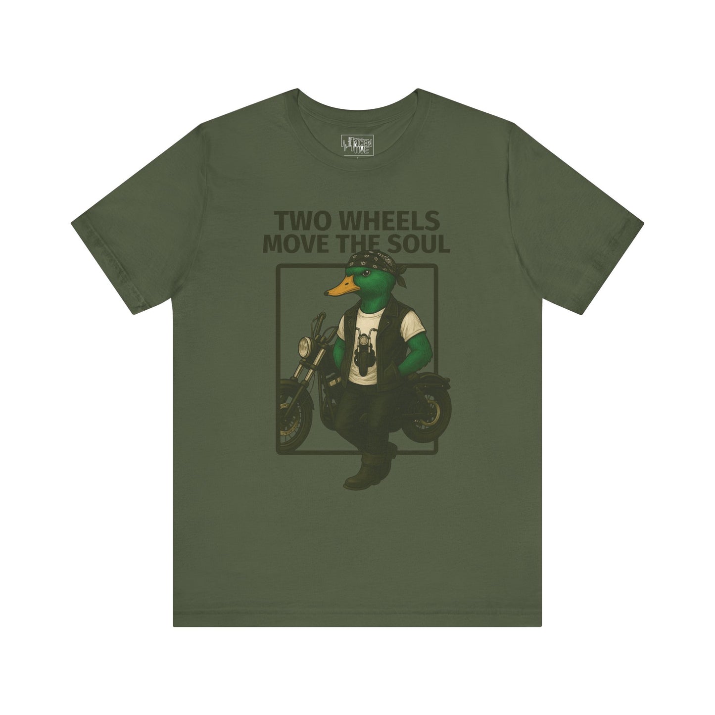 Military Green Motorcycle Duck T-shirt front view with anthropomorphic mallard duck graphic