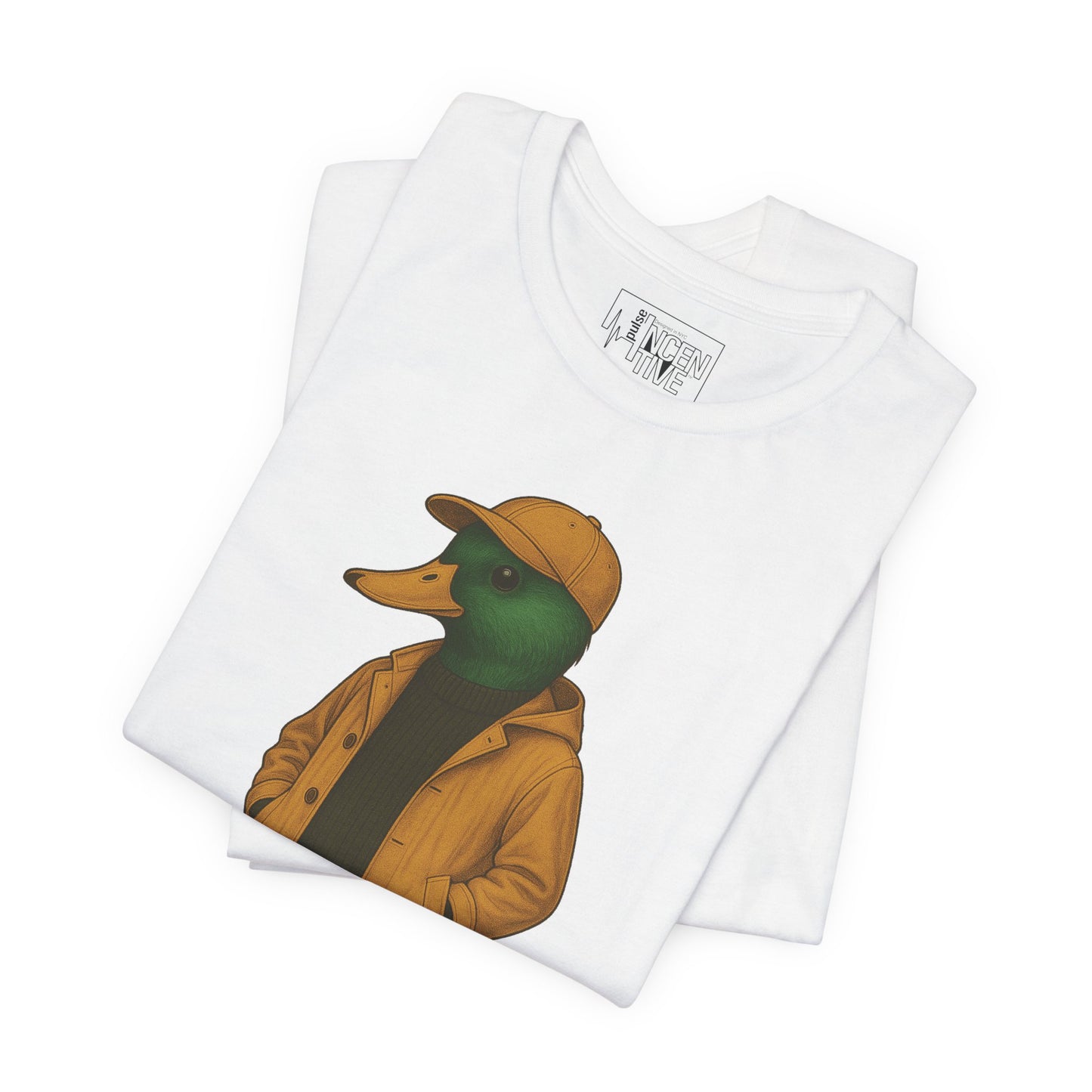White Rain Duck T-shirt folded view with anthropomorphic mallard duck graphic