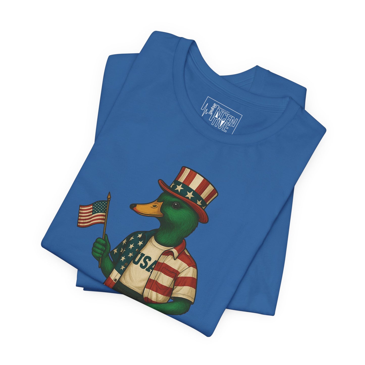 Columbia Blue USA Duck T-shirt folded view with anthropomorphic mallard duck graphic