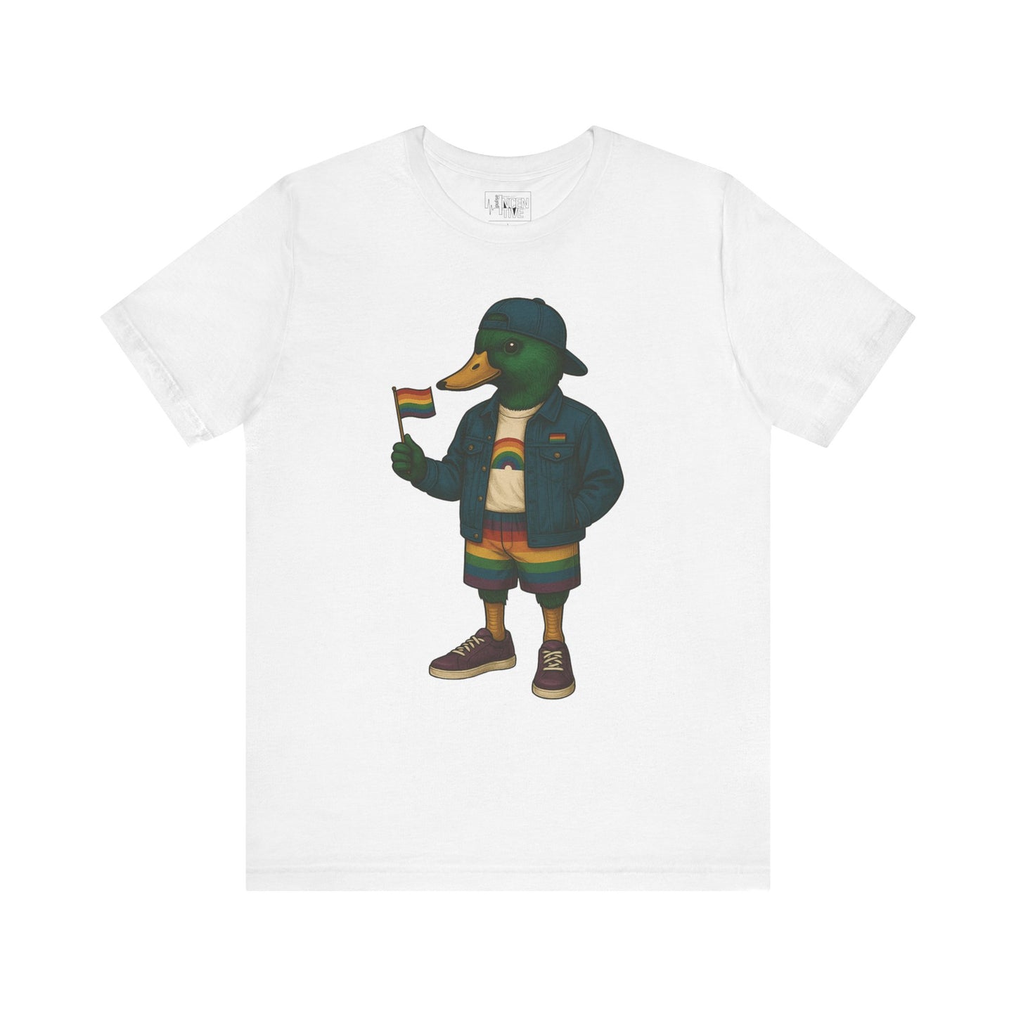 White Pride Duck LGBTQ+ T-shirt front view with rainbow outfit and Pride flag graphic