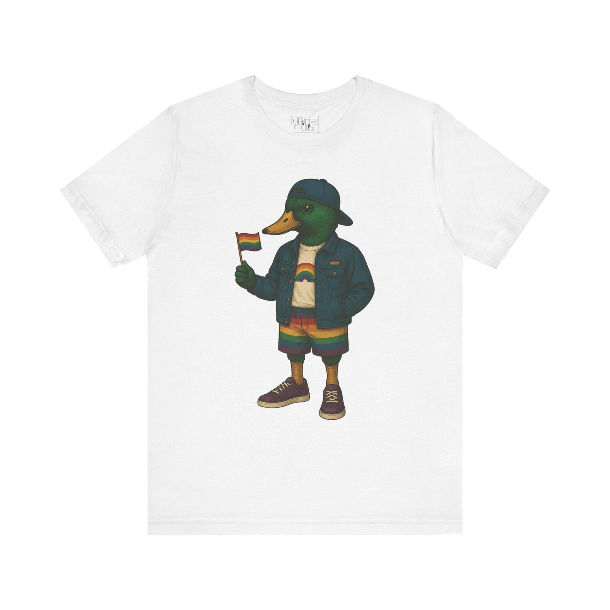 White Pride Duck LGBTQ+ T-shirt front view with rainbow outfit and Pride flag graphic