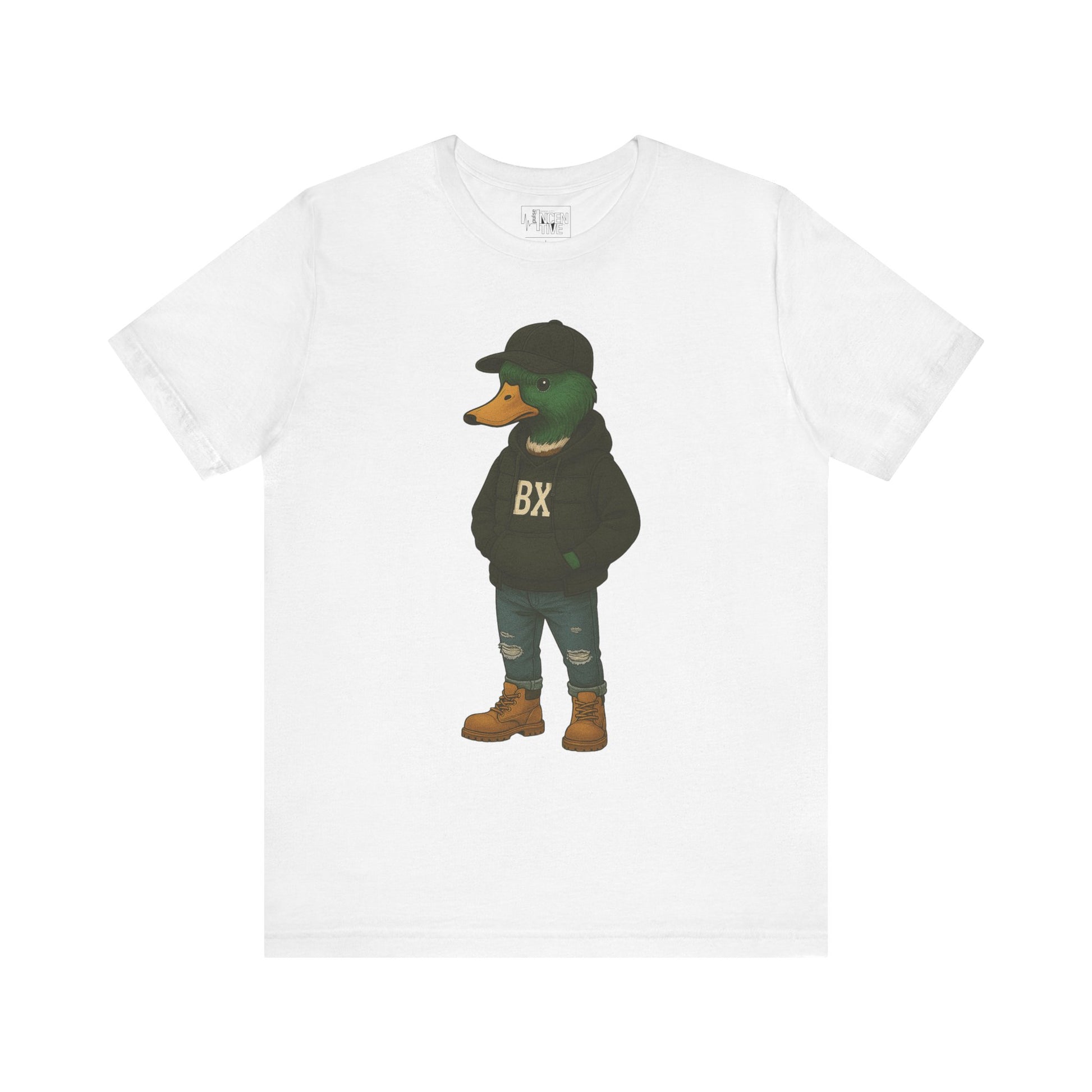White Bronx Duck T-shirt front view with anthropomorphic mallard duck graphic