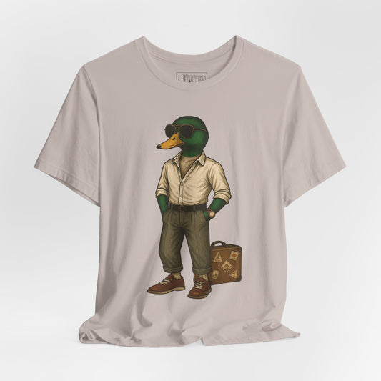 Cool Grey Jetsetter Duck T-shirt front view with anthropomorphic mallard duck graphic