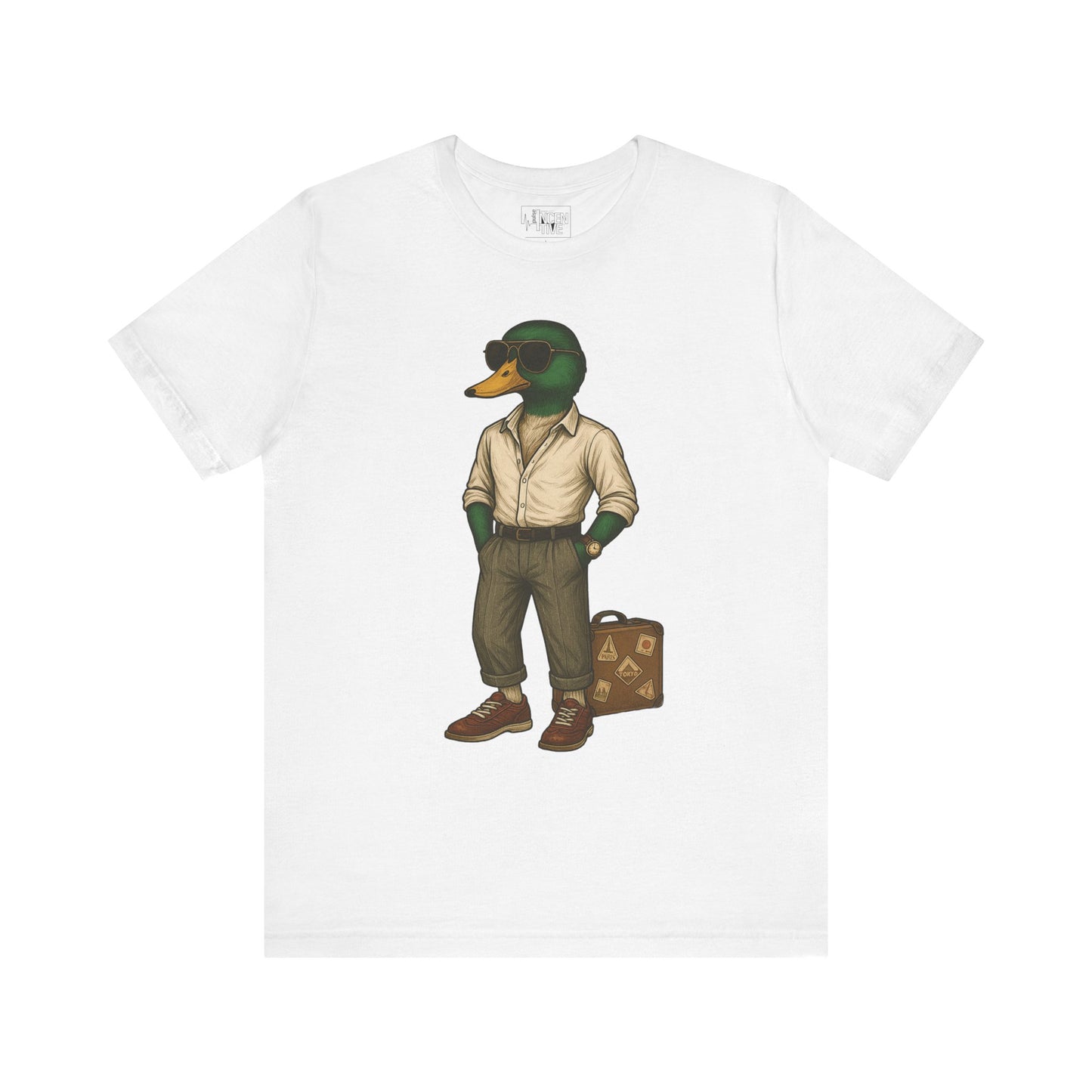 White Jetsetter Duck T-shirt front view with anthropomorphic mallard duck graphic