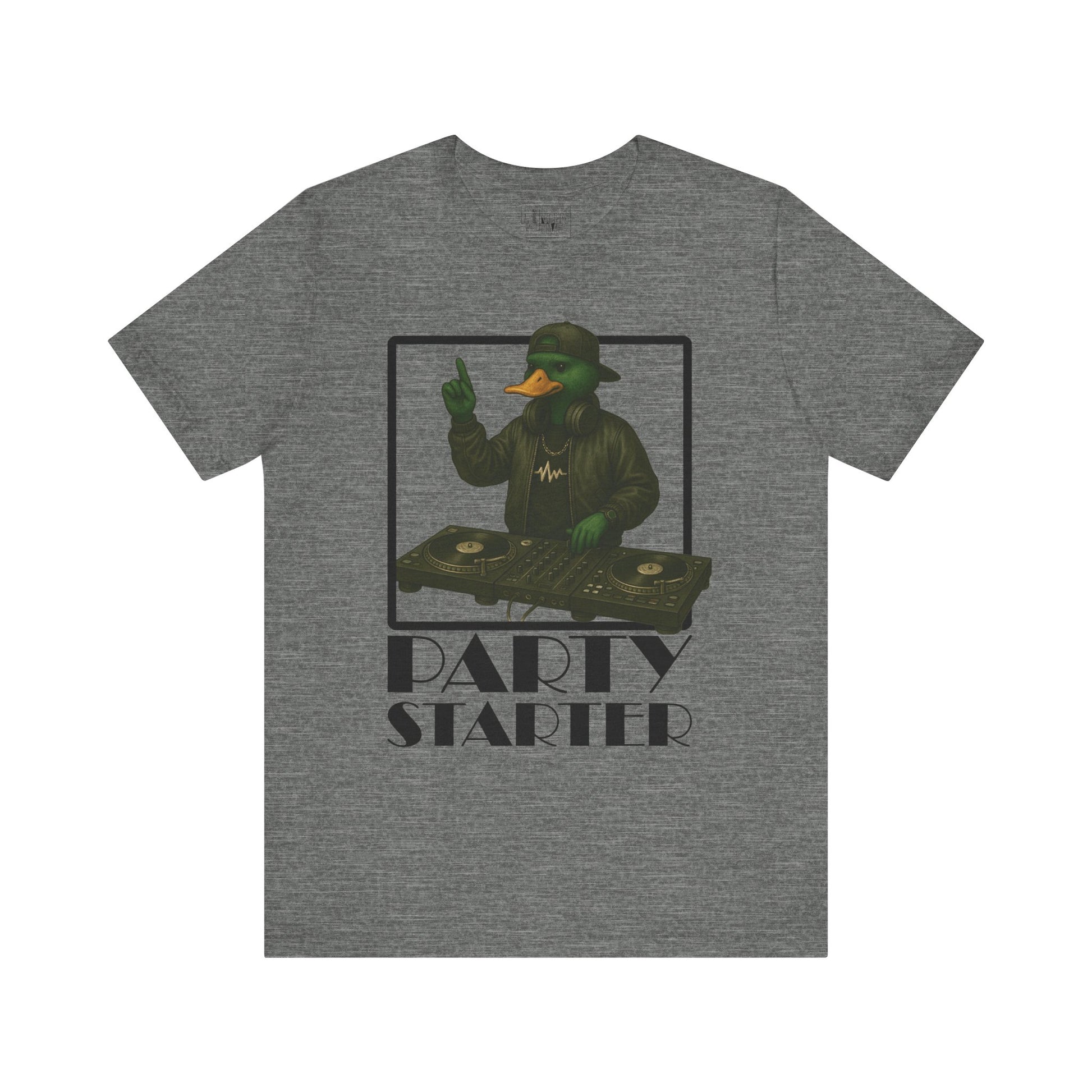 Deep Heather DJ Duck T-shirt front view with anthropomorphic mallard duck graphic
